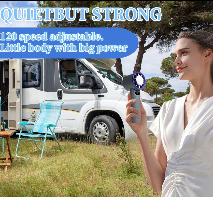 Portable Fan 120-Speed with Digital Display. Don’t sweat it — literally.! This tiny but mighty fan goes wherever you do. Instant cooling relief, fits in your bag, charges fast, zero hassle. #MiniButMighty #StayChill